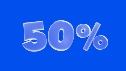 Text 50% frosted glass on a bright blue background, Thirty percent off