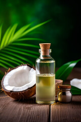 Cosmetic coconut oil on a wooden background. Generative AI,