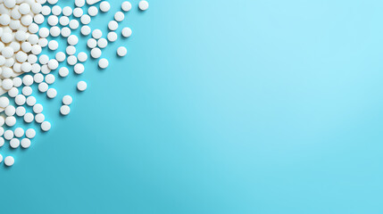 A light blue background is filled with different pills, capsules and medicines. Copy space. Health Care and Medicine advertising concept.