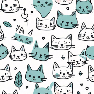 Seamless pattern with cats. Background for fabric, textile, wallpaper, posters, gift wrapping paper, napkins, tablecloths, pajamas. Print for kids, baby, children blue color © vian