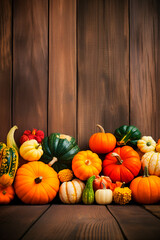 Various pumpkins on a wooden background. Generative AI,