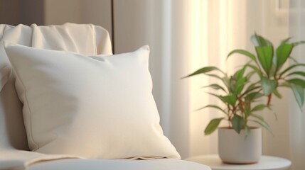 White polyester pillow close up with no print, on a glam and modern style neutral-color sofa, with an elegant modern blurred background that includes a lamp and a plant, hyperrealist style