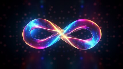 An abstract background with an infinity sign is made up of digital neon shapes. It would be perfect for use in a variety of projects, such as websites, presentations, or even as a piece of art.