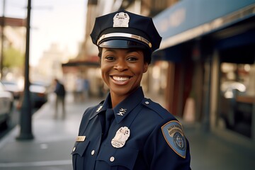 Portrait of a smiling police woman in an American uniform on the street USA