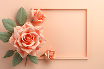 Rose with frame in 3d clay style on pastel color background.