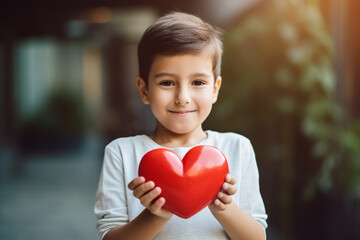 Little boy holding red heart in hands. Love, help, social responsibility, donation, charity, volunteering, gratitude, appreciate, world heart day, giving Tuesday concept - obrazy, fototapety, plakaty