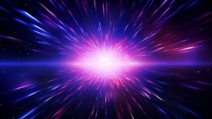 Explosion in universe. Cosmic background for event, party, carnival, celebration, anniversary or other. Abstract background in blue and purple neon glow colors. Speed of light in galaxy. Vector.