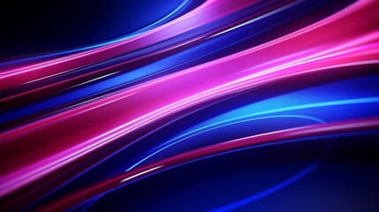 Futuristic 3D abstract background with lines, lights, and reflections in pink and blue colors on a black background