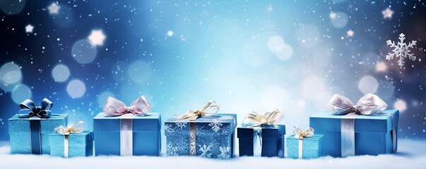 Christmas blue gift boxes with ribbon on snow - obrazy, fototapety, plakaty