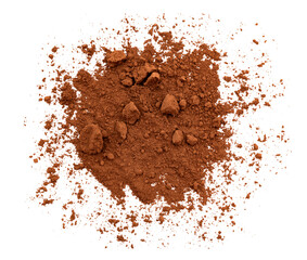 Cocoa powder on a white background. View from above. Isolate cocoa powder with lumps
