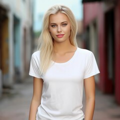 Fototapeta premium Smiling Blonde Woman in Casual White Tee on City Street - Charleston Urban Style Portrait