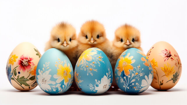 Chicks and Easter eggs on a white background. Generative AI,
