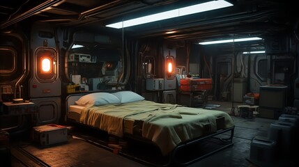 a futuristic cyberpunk dystopia minimalist bedroom with hidden storage in repurposed industrial...