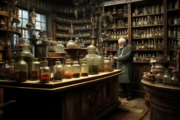Old pharmacy with shelves full of medicines