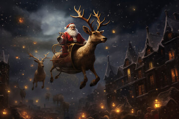 Santa Claus flying in a village