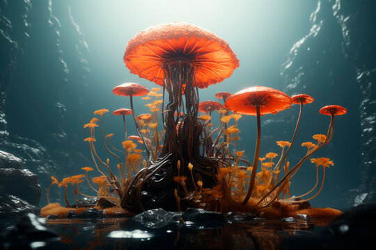 Orange mushrooms at the bottom of the sea