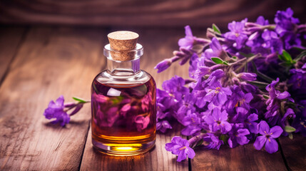 violet flower oil in a bottle. Generative AI,
