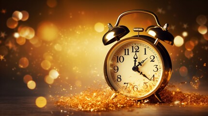 Fototapeta na wymiar A radiant, golden alarm clock with a sparkling, starry background counting down to New Year's.