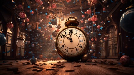 A room filled with anticipation as various wall clocks tick towards the stroke of midnight on New Year's Eve. - obrazy, fototapety, plakaty