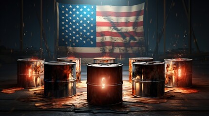 3d illustration - Oil barrels with bitcoin coins with oil wells, flaring texas flag burning natural gas in background - Instead of burning natural gas US senator wants it be used to mine bitcoins - obrazy, fototapety, plakaty