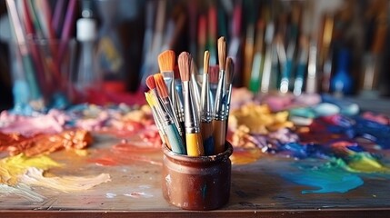 art brushes and paints for painting pictures, oil and other paints with brushes for creativity, the creative process of drawing by mixing different colors of paints with art brushes