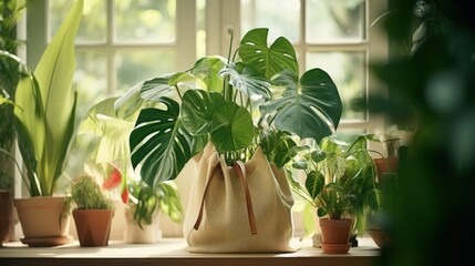 Houseplant domestic jungle garden organization fresh natural plant in pots variegated monstera at room. Home gardening tropical flower growing in paper bag basket placing on table floor with windows