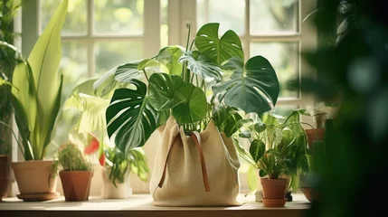 Poster Houseplant domestic jungle garden organization fresh natural plant in pots variegated monstera at room. Home gardening tropical flower growing in paper bag basket placing on table floor with windows © HN Works