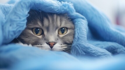 The sick cat lay weakly on the blue cloth, it gaze stared out in motion. Cat's Health Concept. Soft...