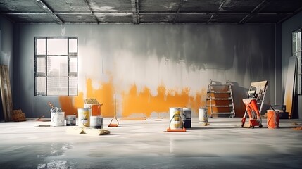 Preparation for painting works. Banks with paint, brushes and rollers are on the concrete floor. Home repair. The image is suitable for advertising a store of construction products - obrazy, fototapety, plakaty