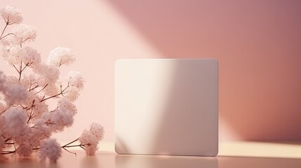 Minimalistic aesthetic brand template, empty paper card on a pastel pink and neutral beige background with floral abstract sunlight shadows, copy space,