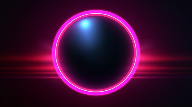 Neon color geometric circle sphere on a dark background. Sphere structure, luminous line, neon sign. Reflection of blue and pink neon light on the floor. Rays of light in the dark. Vector. EPS 10