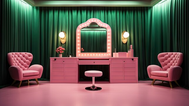 Classy pink beauty cosmetic makeup room or dressing fitting room backstage included light bulb mirrors desk, luxury pink curtain and green couch seat furniture decoration interior for celebrities