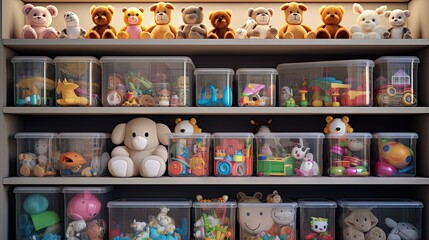 Transparent plastic containers with various children's toys on shelves. Organizing and Storage Ideas in nursery. Space organizing at childrens room. Toys sorting system.