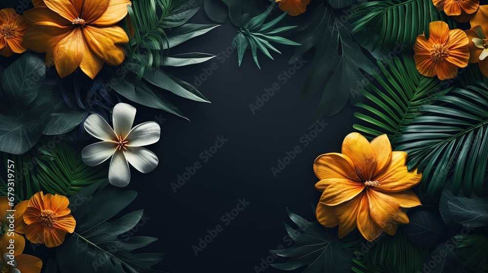 Poster Creative nature layout made of tropical leaves and flowers. Flat lay. Summer concept.