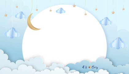 Baby shower card blue background,Paper cut abstract origami cloudscape,crescent moon and stars on blue sky,Vector illustration Cute paper art with copy space for baby' boy photos