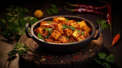 Indian Mutter paneer dish with spices on the wooden background