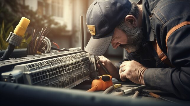 Air conditioning for technician is checking air conditioner measuring equipment repairing and servicing