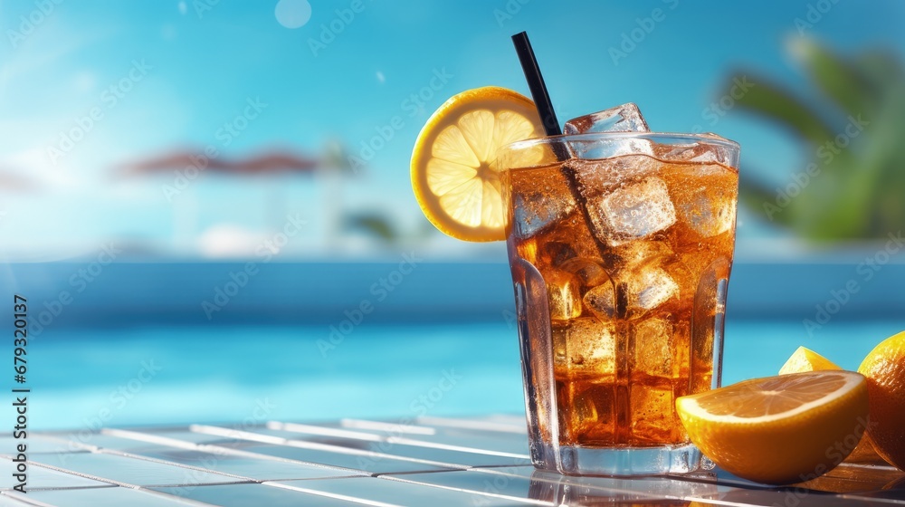 Aufkleber summer on the pool and iced tea photo on table with ice and free space for your decoration