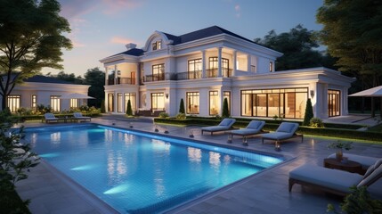 Expensive private villa. Swimming pool in a private house. Evening in a country house. Mansion exterior. Luxury villa with swimming pool. 3d illustration - obrazy, fototapety, plakaty