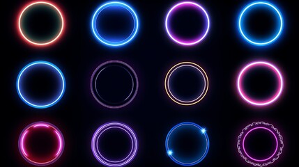 Set of glowing neon color circles round curve shapes isolated on black background technology...