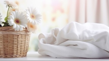 Fototapeta na wymiar Wicker basket with white linen, washing gel and fabric softener on a white table with gerbera flowers. Mockup spring laundry day.