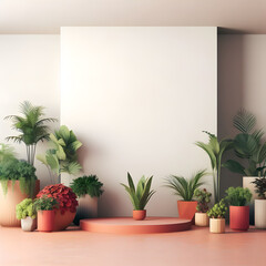 Podium in the interior of the room with plants, and blank wall poster, mockup, 3D rendering, generative ai