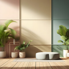 Interior of modern living room with green and beige walls, wooden floor, and plants, 3d mockup rendering, generative ai
