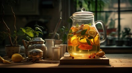 Fruit tea with peaches, mint and apples in a glass brewing kettle on the table. - obrazy, fototapety, plakaty