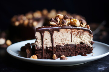 Close up piece of Chocolate hazelnut cake cheesecake on plate