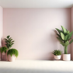 Interior of modern minimalist living room with pink walls, white floor, and plants in pots, 3d mockup, generative ai