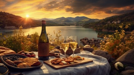 Romantic picnic on the mountain with river and sunset on background. Bottle of wine, glasses and...