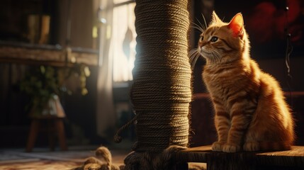 A ginger cat with a cat pole - a scratching post against the background of the living room. Teaching a pet to a scratching post. - obrazy, fototapety, plakaty