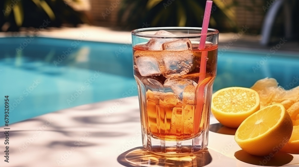 Aufkleber summer on the pool and iced tea photo on table with ice and free space for your decoration