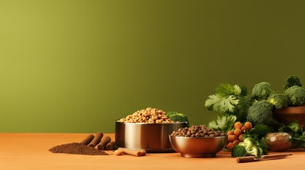 Dry dog vegan vegetarian food concept. Raw vegetables and green near bowl with pet feed on beige background